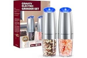 OIDOZAC Gravity Electric Salt and Pepper Grinder Set, Stainless Steel Larger Capacity Automatic Pepper Mill Grinder Shakers, Battery Powered with LED Light, Adjustable Coarseness, One Hand Operation, 2 Pack