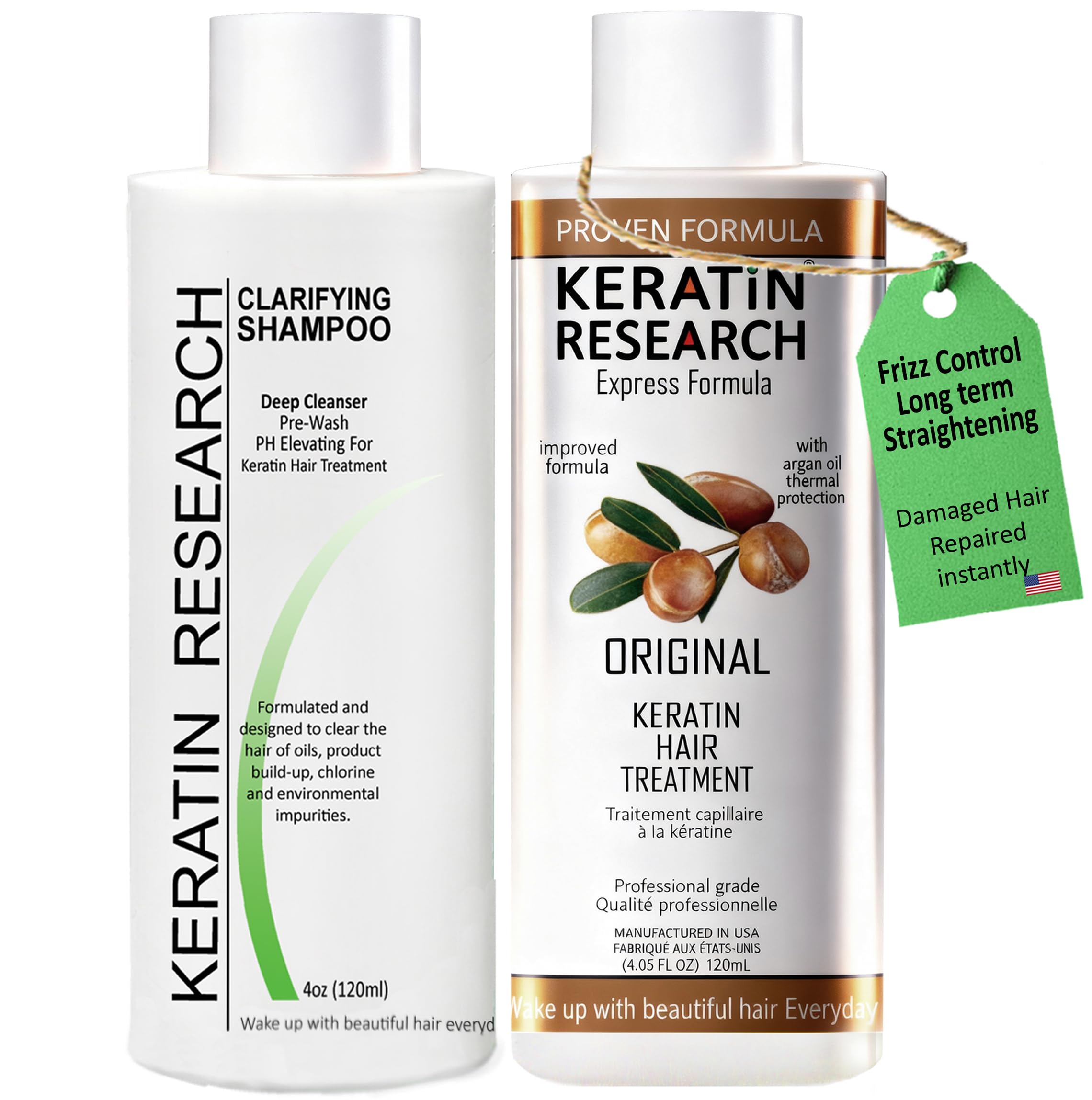 KERATIN RESEARCH Brazilian Keratin Hair Treatment Straightening Smoothing Damaged Hair Repair Complex Blowout Long Lasting Organic Natural Results, Argan Oil collagen Proteins Amino acids (120ml x2)