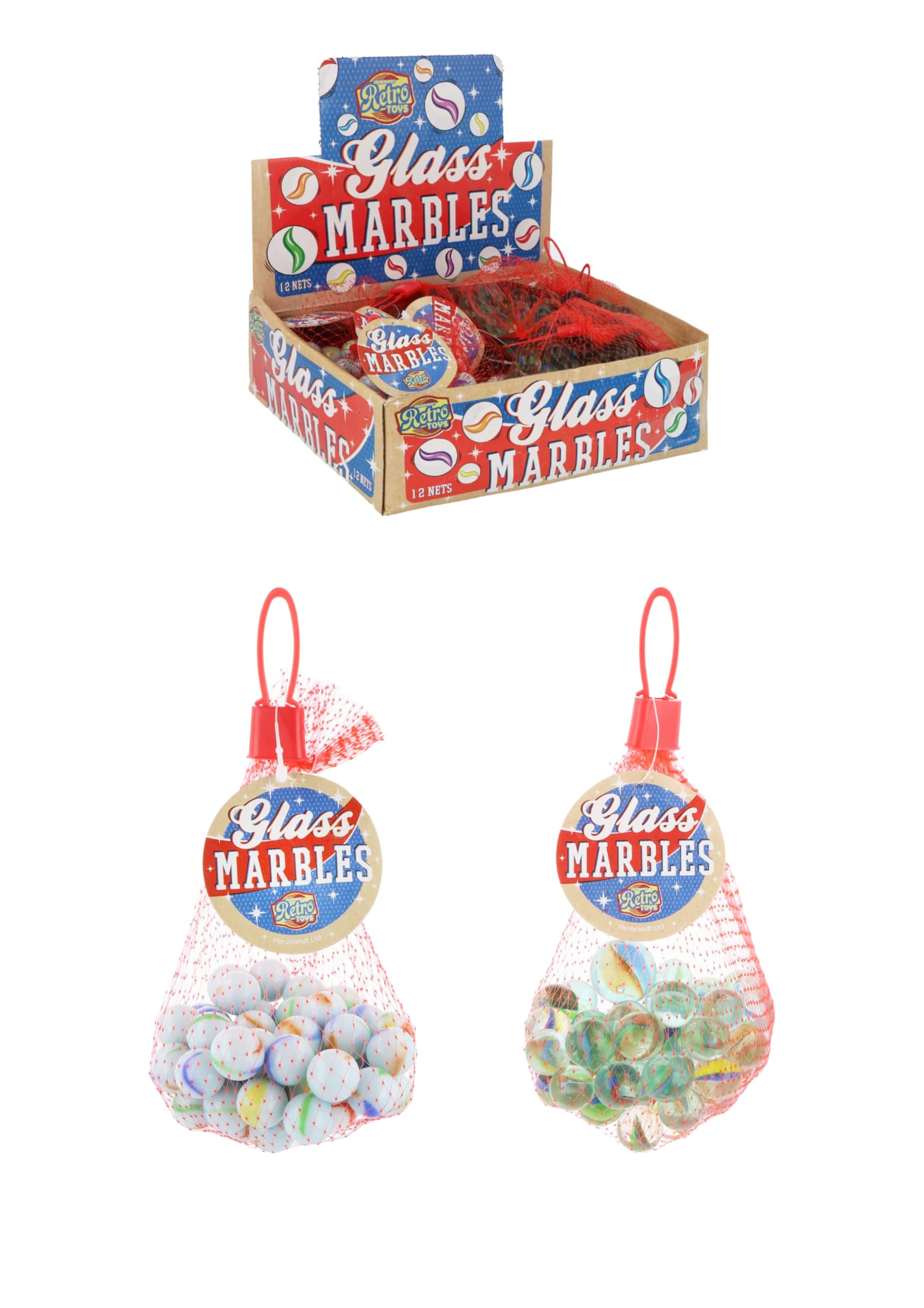 Henbrandt 100 Glass Marbles Pack of 2 Nets of 50pcs each in 2 Assorted Designs Retro Toys Traditional Marble Game Party Bag Fillers Playground Games Includes Shooter Marble