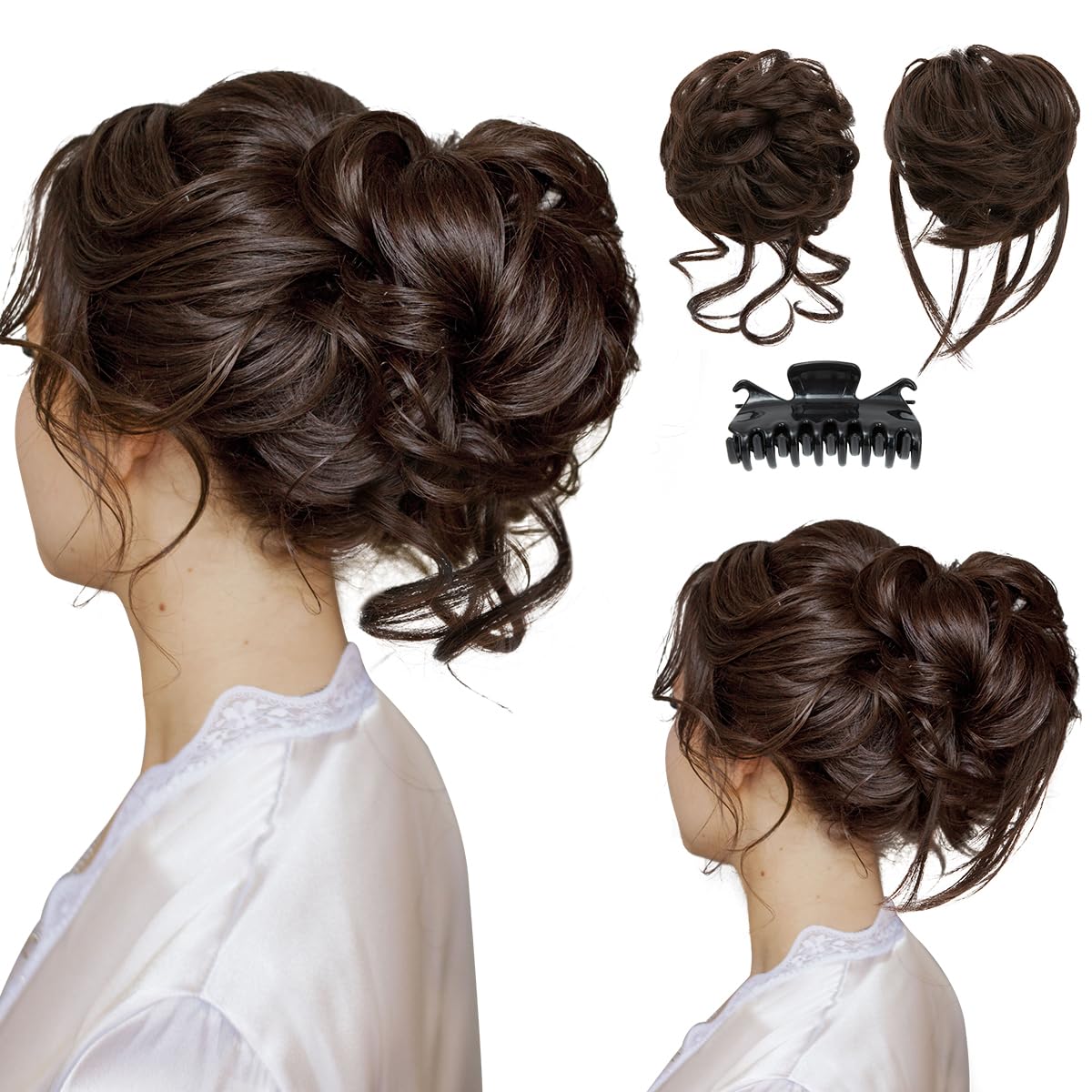 Photo 1 of SARLA 2PCS Messy Bun Hair Pieces for Women Detachable Claw Clip Wavy Curly Synthetic Hairpieces for Updos with Tendrils Fake Scrunchies Ponytail Extension Dark Chocolate