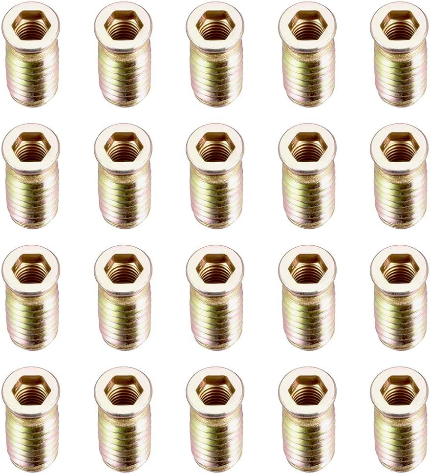 sourcing map Wood Furniture M8x30mm Threaded Insert Nuts Interface Hex Socket Drive 20pcs, Bronze Tone