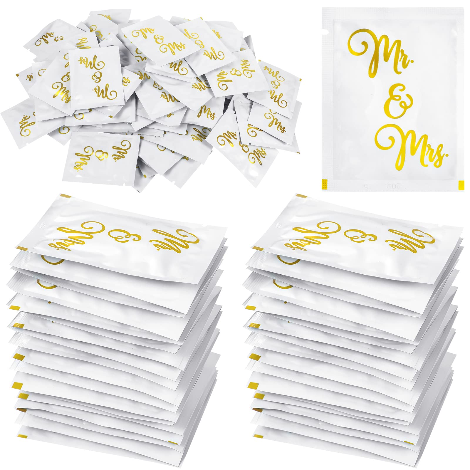 Photo 1 of 200 Pack Wedding Wipes for Reception Mr and Mrs Guest Wrapped Wipes Wedding Flushable Hand Wet Gold Foil Decorations for Travel Anniversary Bridal Shower Party Supplies Favor