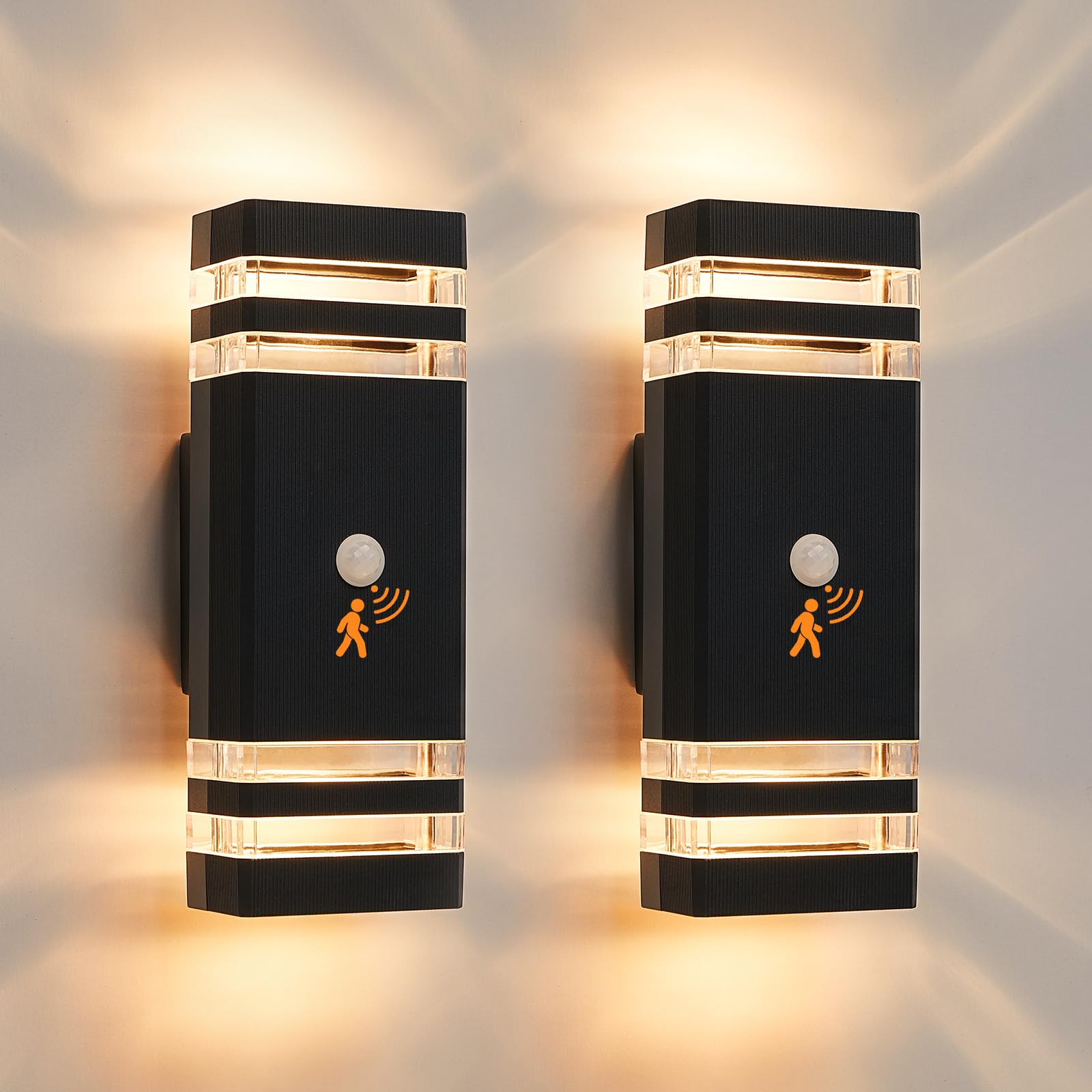 CELAVY Up Down Outside Lights with Motion Sensor, PIR Outdoor Wall Light Mains Powered, IP65 Front Door Porch Light Electric, Security GU10 Modern LED External Exterior Lamp for House 2 Pack, Black