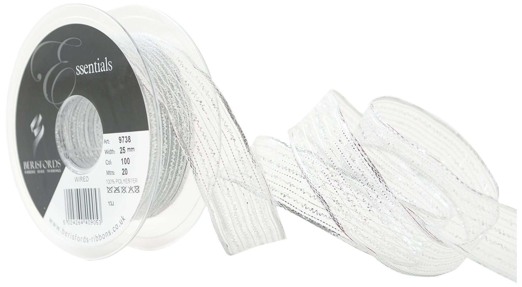 Berisfords 25 mm Wired Tinsel Mesh Ribbon, Silver