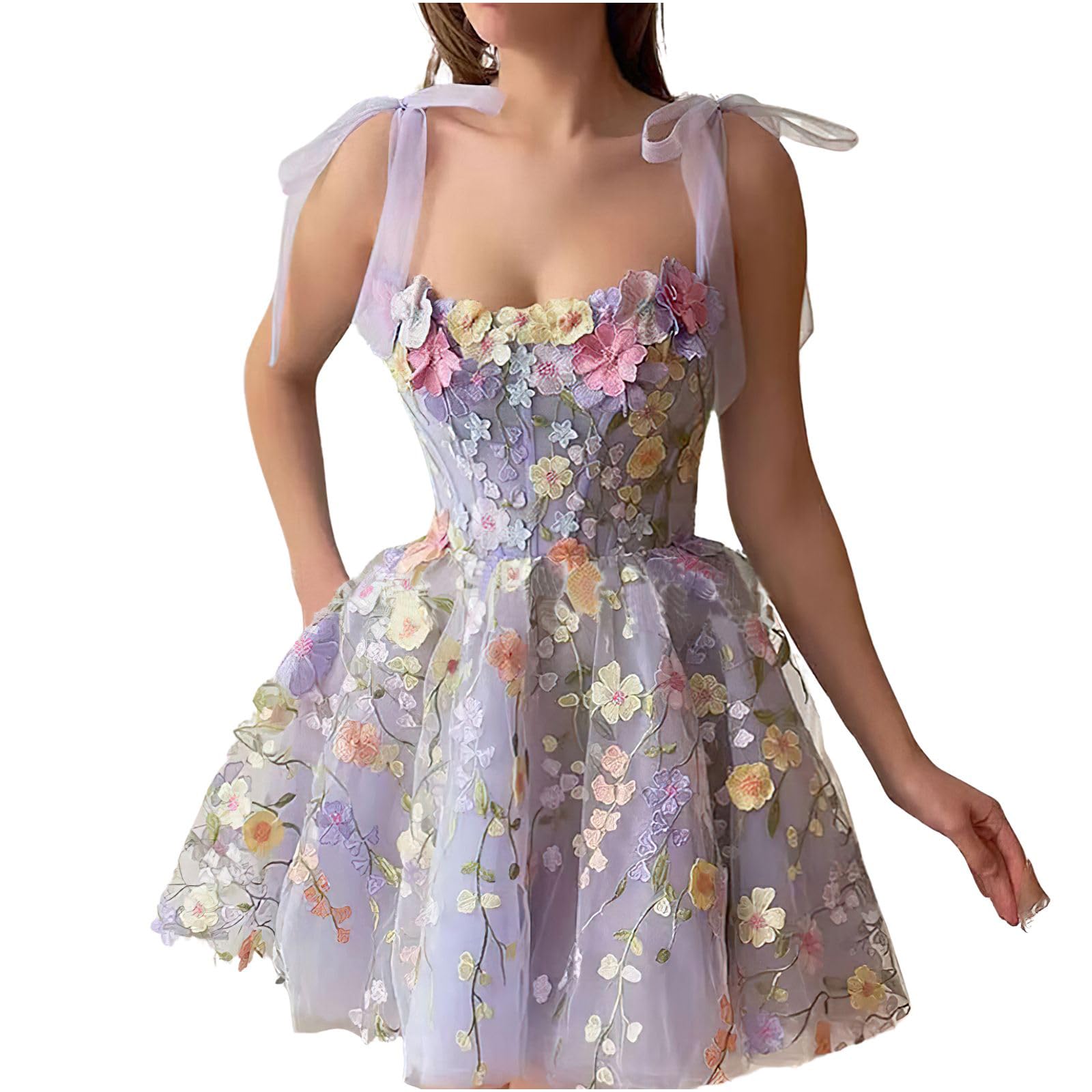 Photo 1 of **NEEDS A ZIPPER REPLACEMENT** ebossy Women's 3D Floral Tie Strap Tulle Prom Dresses 2024 Summer Fairy Embroidery Lace Applique Party Mini Princess Dress (X-Small, Purple-Mini)