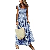 Leyoutx Women's Sleeveless Strap Retro Plaid A-Line Smocked Maxi Long Dress with Ruffled Hem