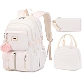 Laptop Backpack 15.6 Inch Elementary Middle High School Bag College Backpacks with Lunch Box Pencil Pouch 3 PCS Set Travel Bookbags for Teens Girls Women Students (Off-white)