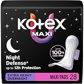 Kotex Overnight Maxi Pads, Wings, Extra Heavy, 28 Count | Period Pad, Xpress Dri Core, Night Defense, Back Barrier, Side Guards, Breathable Soft Touch Cover, Clean &amp; Dry Feel