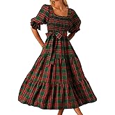 Women Christmas Plaid Maxi Dress Puff Sleeve Square Neck Smocked Dresses Belted Ruffled Gingham A Line Long Party Dress