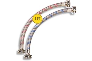 HIPPOHOSE Short Washing Machine Hoses (1FT) - OCT Connect for Easy & Secure Tightening - Universal Fit to All Wash Machines - (2 Pack) Braided Stainless Steel - Burst Proof Washer Water Supply Line