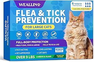 WEALLIN Flea and Tick Prevention for Large Cat, Fleas and Ticks Treatment for Cats Over 9 lbs, Topical Cat Flea Treatment, Fast-Acting & Long-Lasting Fleas Control for Cats, 6-Dose Supply