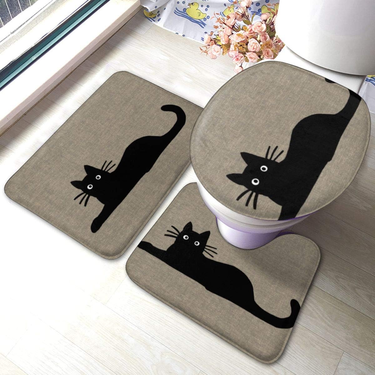 Amazon Com Chery23 Bathroom Rugs Set Black Cats Bath Mat Shower Rug U Shaped Contour Mat Lid Cover Non Slip With Rubber Backing For Tub Shower Bath Room 3 Pcs Sets Kitchen Dining