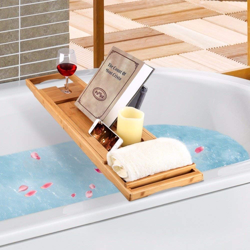 TILEMALL Bathtub Caddy & Laptop Bed Desk - 2 in 1, Bath Tray Built-in Stand for Books or Tablets, Bathtub Holder and Organizer with Smartphone and Wine Glass Holder, Tablet Holder