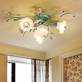 errzom Pastoral Floral Ceiling Lights 4-Light Pink Rose Flush Mount Ceiling Lamp Glass Shade Ceiling Lighting Fixture for Kit