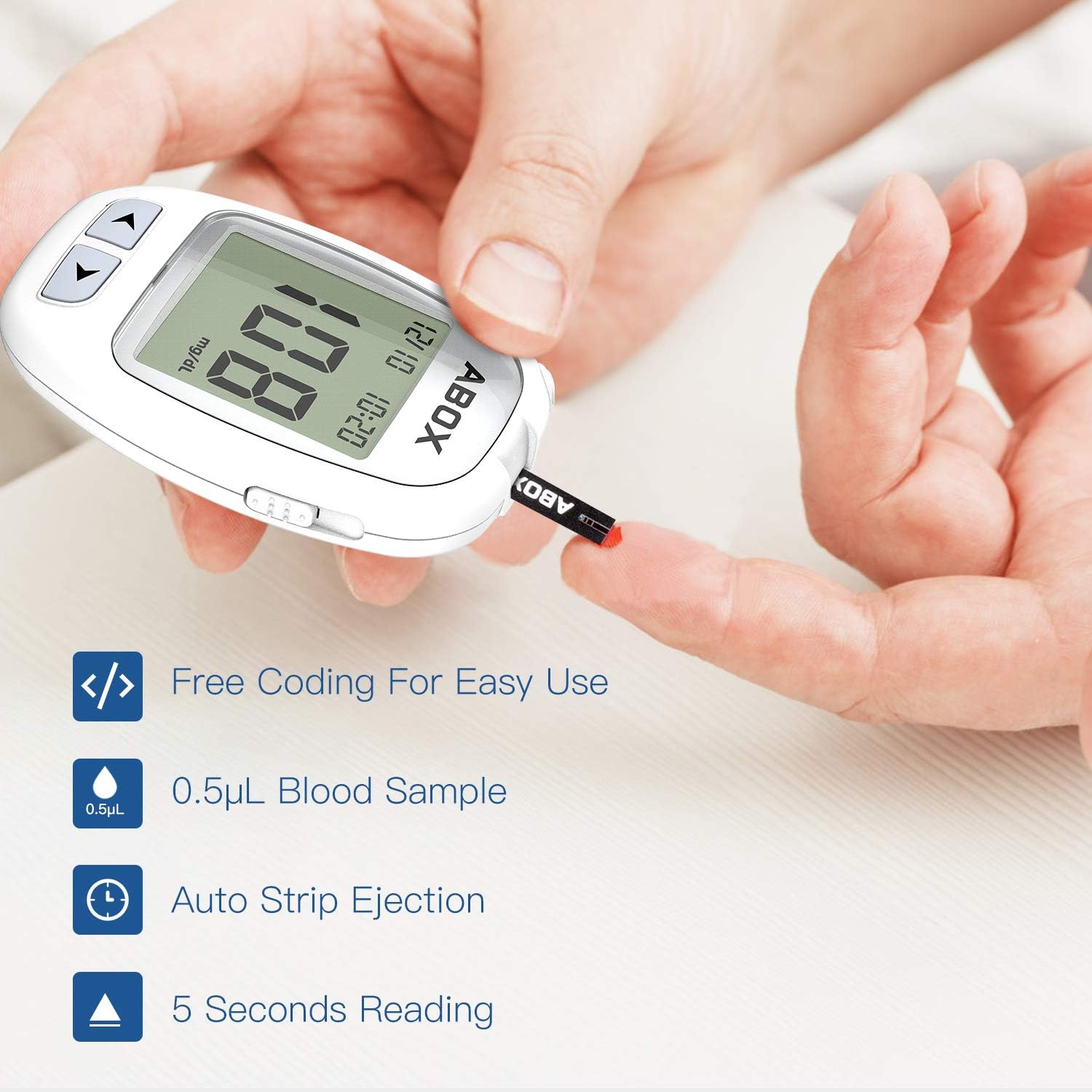Blood Glucose Monitor, ABOX Diabetes Testing Kit Glucose Meter Kit with 25 Test Strips, 25 Lancets, Lancing Device, Control Solution and Carrying Bag for Blood Sugar Level Monitoring: Health & Personal Care