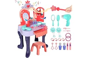 ZEFINOT Toddler Vanity Set for Girls Ages 2-6 with Mirror, Lights & Sounds | Kids Princess Vanity Playset with Stool, Hair Dryer, Magic Wand & Accessories | Perfect Toddler Girl Toys & Pretend Makeup Set Gift