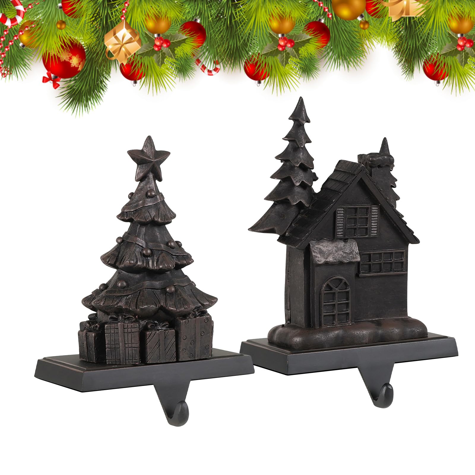 Photo 1 of ***1 OF THE HOOKS IS DAMAGED & BROKEN*** LIKAJON Christmas Stocking Holders for Mantle Set of 2, Anti-Slip Retro Black Bronze Christmas Tree and House Stocking Hangers, Metal Stocking Holder for Christmas Fireplace Mantel Decorations