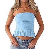 CSDAJIO Ruched Tube Tops for Women Double Lined Strapless Shirt Going Out Bubble Hem Ruffle Bandeau Top