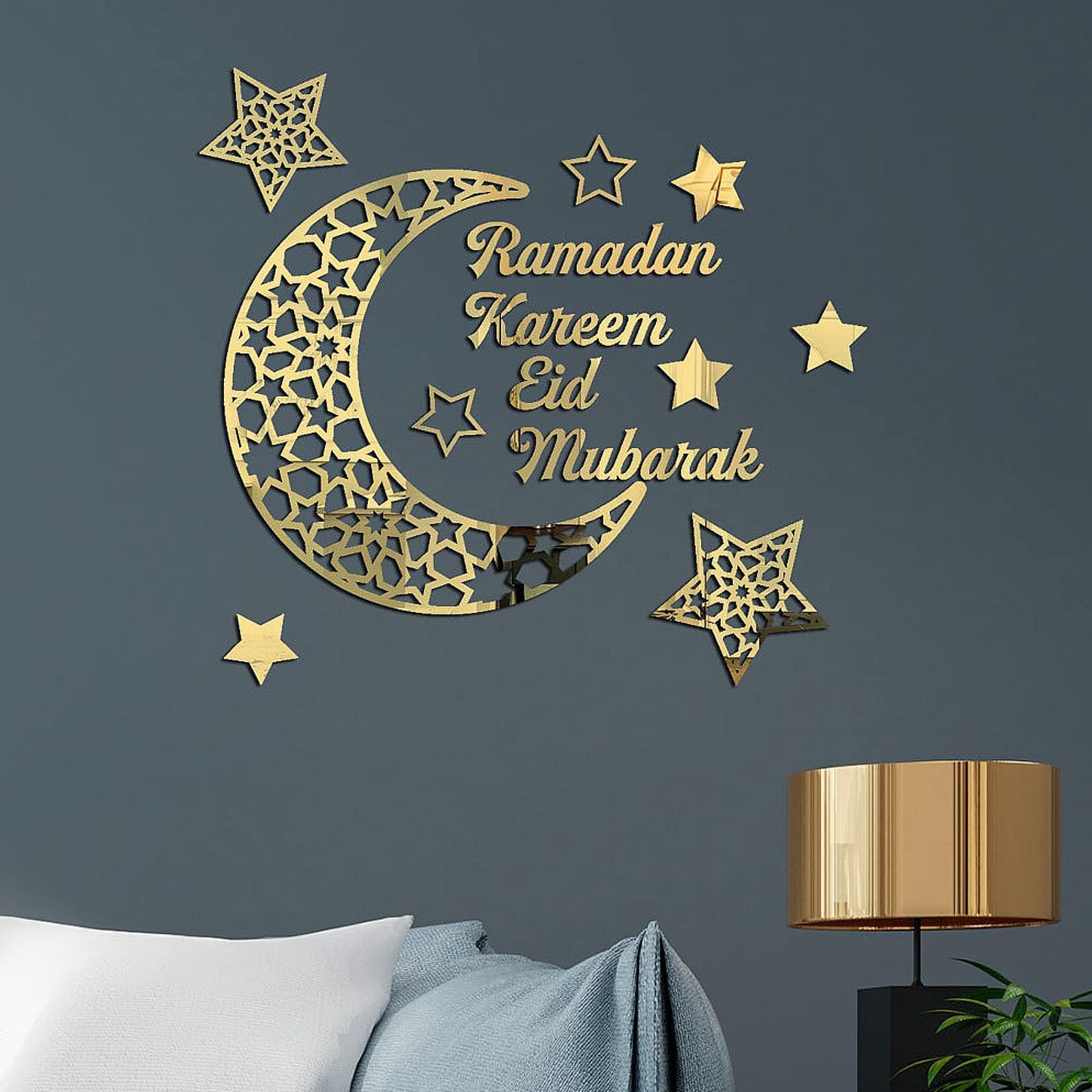Okdance Ramadan Mubarak Decorations for Home Ramadhan Decoration Wall Stickers Eid Decor Moon Star Acrylic Walls Decals for Islamic Muslim Home (Gold)