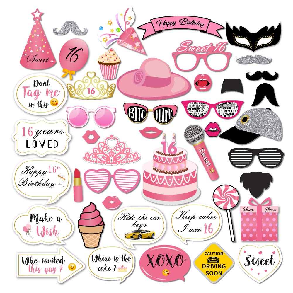 Photo 1 of CC HOME Sweet 16 Photo Booth Props,Happy Sixteen Photo Booth Props for 16th Birthday Party Supplies for Girls 44 Pcs
