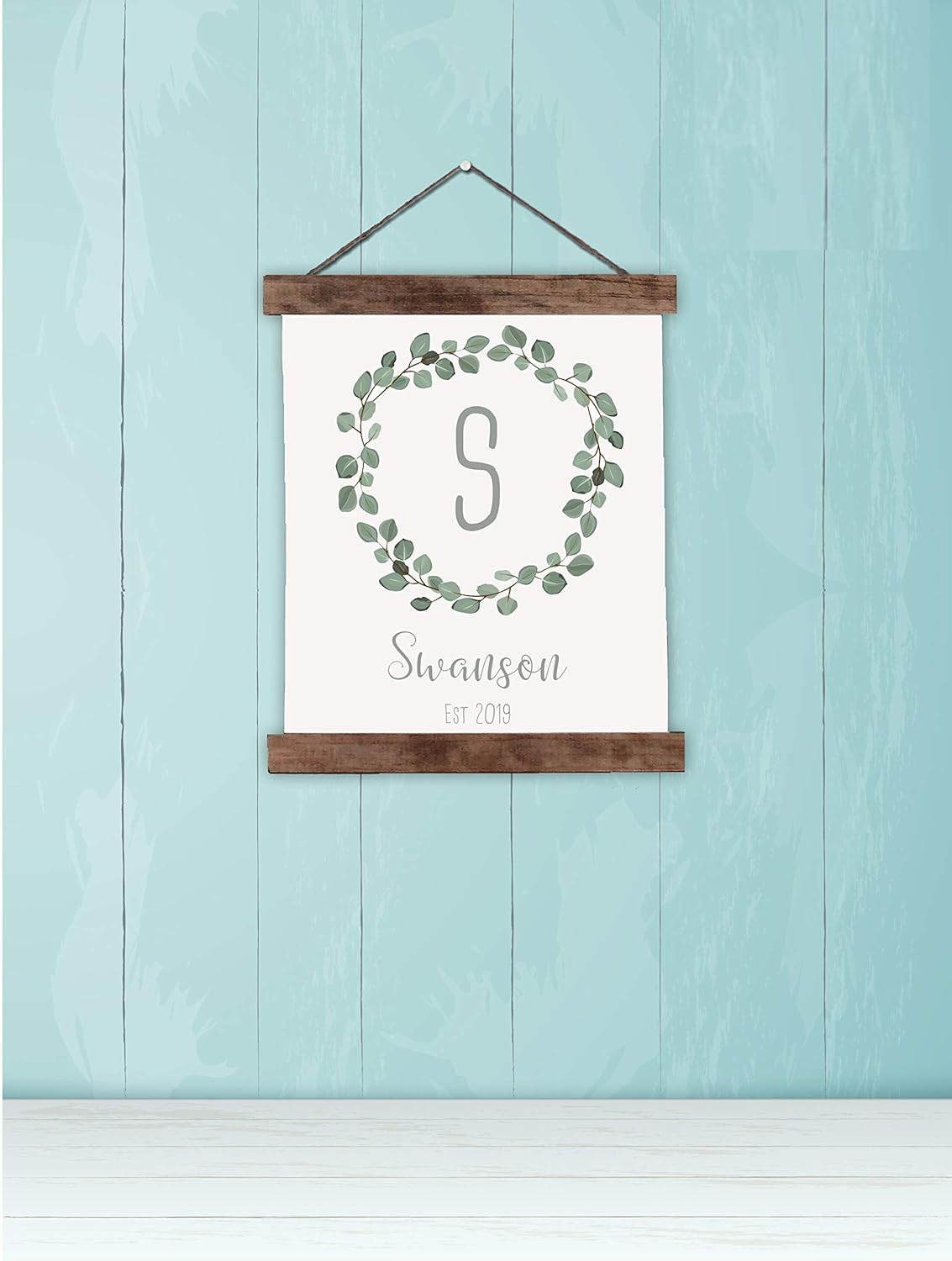Wood & Canvas Wall Hanging Wreath Monogram Name Personalized Wall Decor Sign 12x14.5-Inch