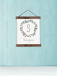 Wood & Canvas Wall Hanging Wreath Monogram Name Personalized Wall Decor Sign 12x14.5-Inch