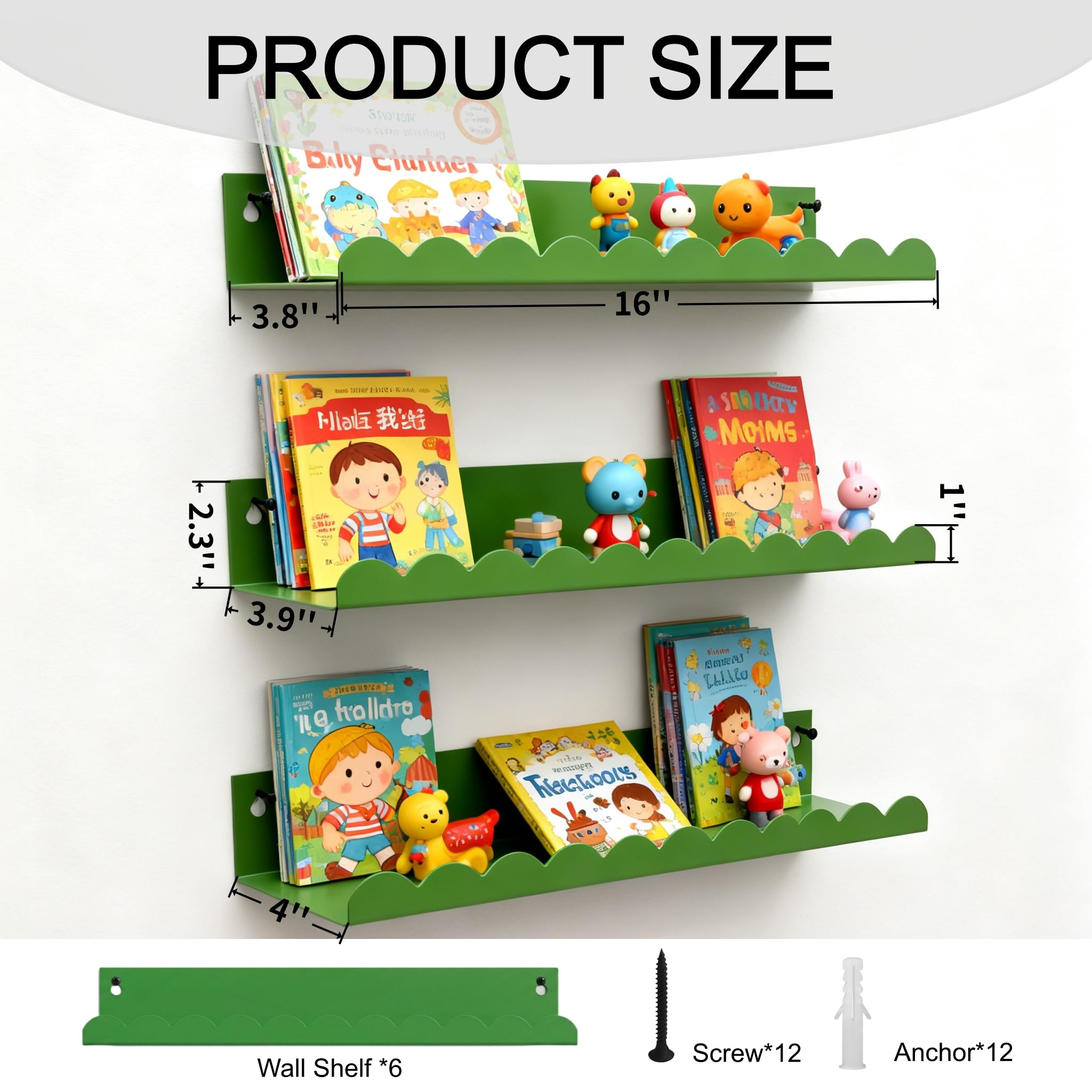 FESTLOVE Nursery Book Shelves Set of 6, Green Metal Floating Shelves for Wall, 16 Inch Scalloped Book Shelf for Kids Room, Bathroom, Bedroom, Playroom Wall Decor & Storage