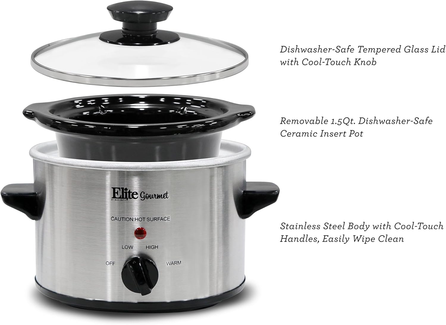 Elite Gourmet Lid & Ceramic Pot Slow Cooker with Adjustable Temp, Entrees, Sauces, Stews & Dips, Dishwasher Safe Glass Lid & Crock, 1.5 Quart, Stainless Steel: Crock Pot: Kitchen & Dining
