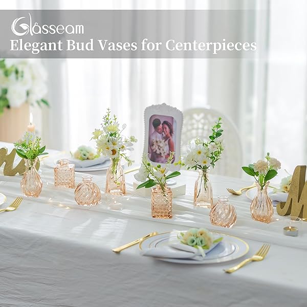 GLASSEAM GLASS SMALL VASES FOR CENTERPIECES: CUTE BUD VASES IN BULK 28 VINTAGE RUSTIC MINI VASES FOR FLOWERS CHAMPAGNE PINK CENTERPIECE VASE FOR TABLE DECOR WEDDING PARTY DECORATIONS