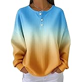 Women's Ombre Waffle Knit Henley Top Long Sleeve V-Neck Button Up Shirt Gradient Color Fade Loose Fit Tunic