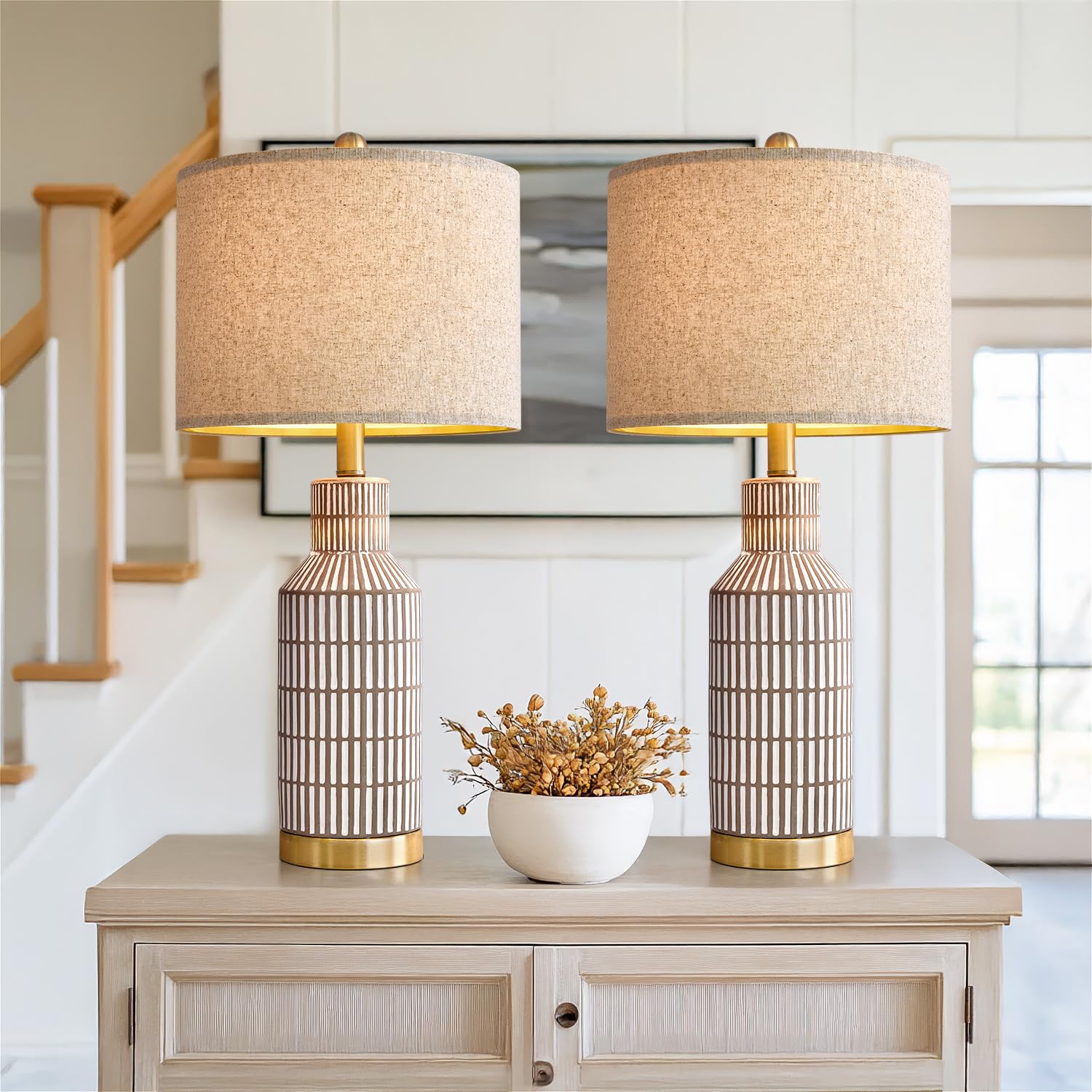 Photo 1 of USumkky 25" Table Lamps Set of 2, Modern Ceramic Bedside Lamps - Farmhouse Brown Nightstand Lamps for Bedroom, Boho Living Room End Table & Office Desk Decor