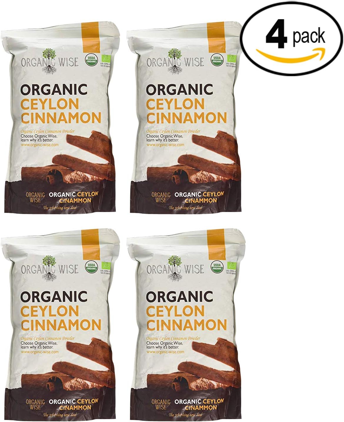 Organic Wise Ceylon Cinnamon Ground Powder, 1 lb-From a USDA Certified Organic Farm and Packed In The USA-4 Pack Bundle