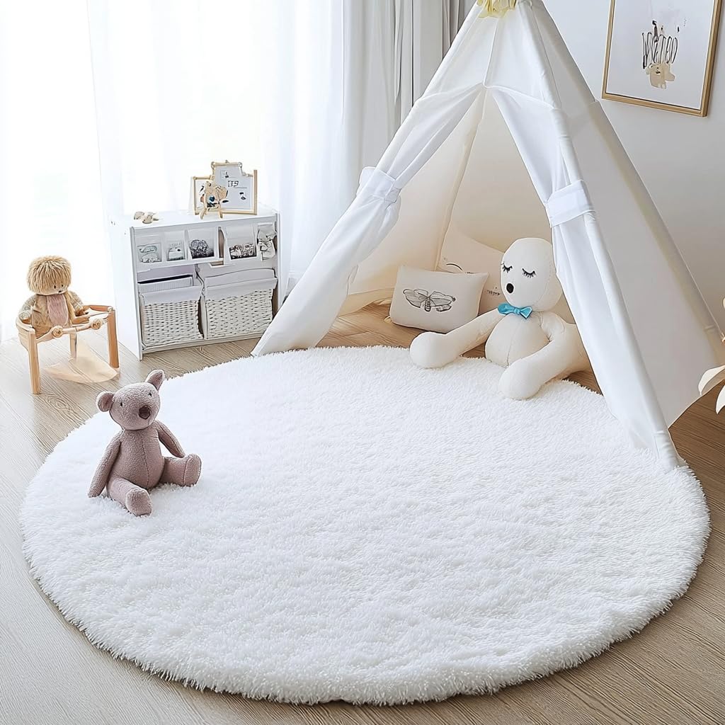 Tenekee Round Rugs for Bedrooms Fluffy Living Room Circle Area Rug Soft Shaggy Carpet for Kids Room Floor Mat (White, 80cm)