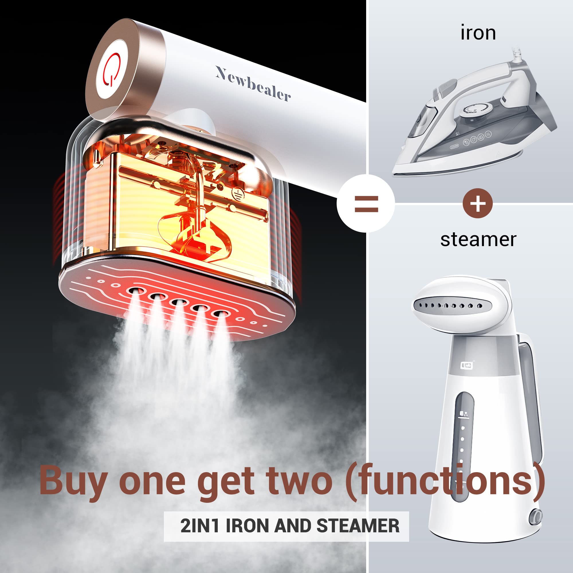 Newbealer Steam Iron for Clothes, Horizontal & Vertical Steaming, Dry Ironing with 90° Rotatable Head, 1200W, 15s Heat Up, 302℉ Handheld Clothing Steamer (120V Only)