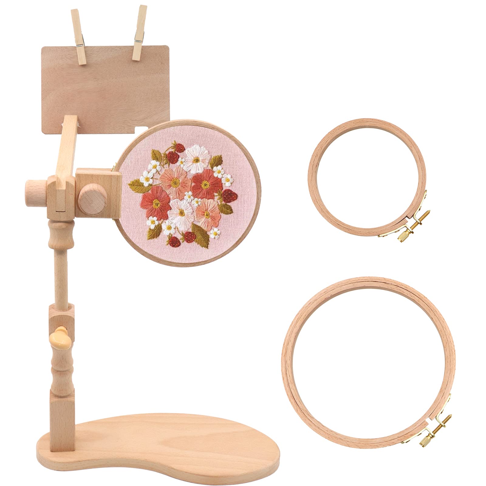 Photo 1 of ZOCONE Beech Wood Adjustable Rotated Embroidery Hoop Stand with 2 Pcs Hoops 4'' 6'', Wooden Embroidery Stand Hands-Free Cross Stitch Hoop Holder for Sewing Needlework Embroidery Project (A)