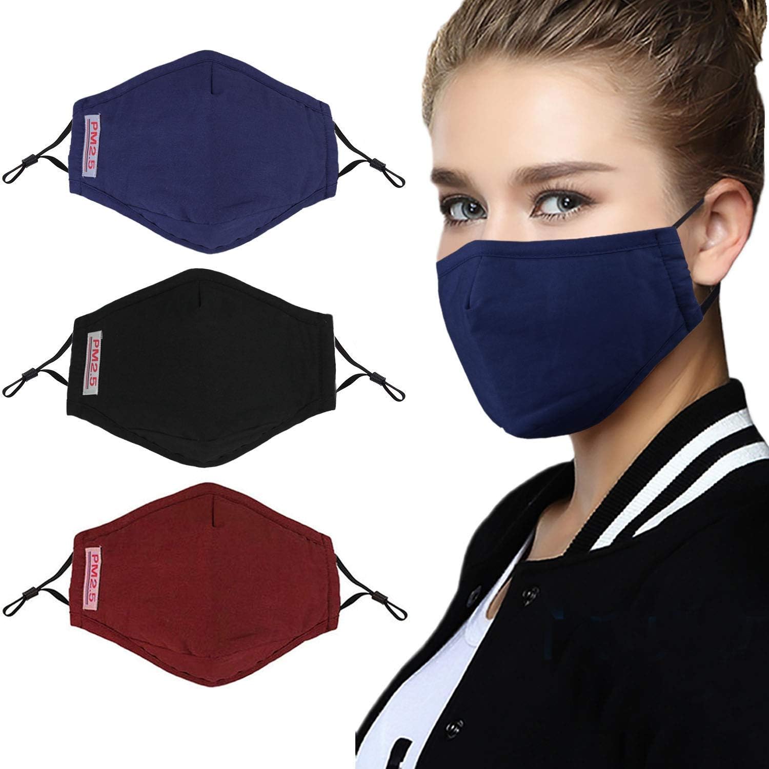 Anti Pollution Mask Breathable Washable Cotton Dust-proof Mouth Masks With Replaceable Filter (One Mask + 2 filters) Women-Men-Black