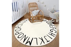 LIVEBOX ABC Play Room Round Rug Alphabet Play Mat, Circle Washable Rug Educationa Nursery Rug for Baby Boy and Girl Room, Non-Slip Learning Carpet for Children Playroom Classroom (47",Black,Beige)