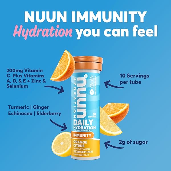 NUUN IMMUNITY ELECTROLYTE TABLETS WITH VITAMIN D, C, E, & A, GINGER, ELDERBERRY, MAGNESIUM & 4 OTHER ESSENTIAL ELECTROLYTES, VEGAN, BLUEBERRY TANGERINE & ORANGE CITRUS, 2 PACK (20 SERVINGS TOTAL)
