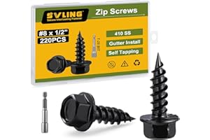 SVLING #8 x 1/2" Self Tapping Gutter Screws, 220PCS 410 Stainless Steel Sheet Metal Screws Black Finish, Hex Washer Head, 1/4" Hex Bit Socket Included
