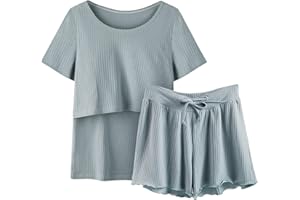 Maternity Sets for Women 2 Piece Summer Short Sleeve Crewneck Nursing Shirt and Shorts Pajamas Set Soft Sleepwear
