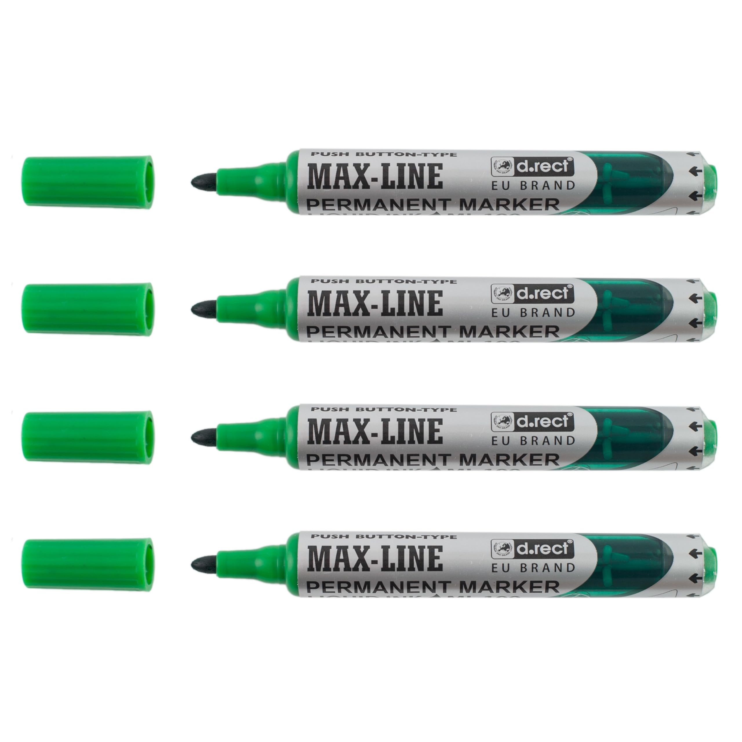 D.RECT Green Permanent Marker Round Tip, featuring Pump Mechanism - Robust Permanent Marker with Piston, Pack of 4