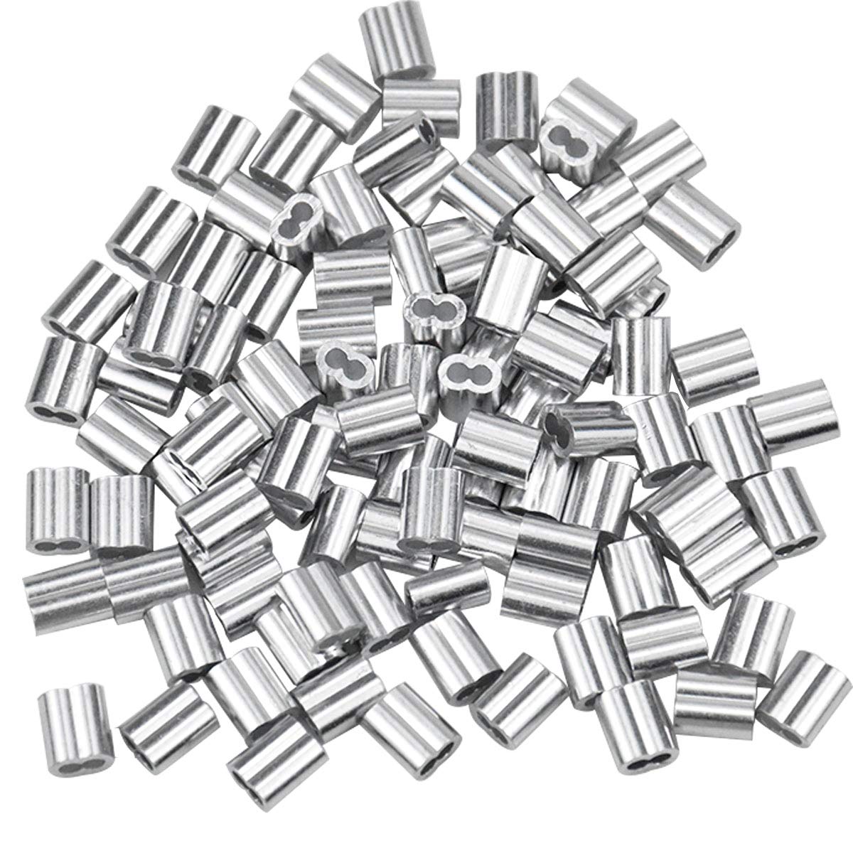 100 Pcs Aluminum Sleeves Clips, Aluminium Double Ferrules Crimping Loop Sleeve Clip, 2mm/0.08in Aluminum Fittings Cable Crimps with Double Holes for Wire Rope Pet Leash
