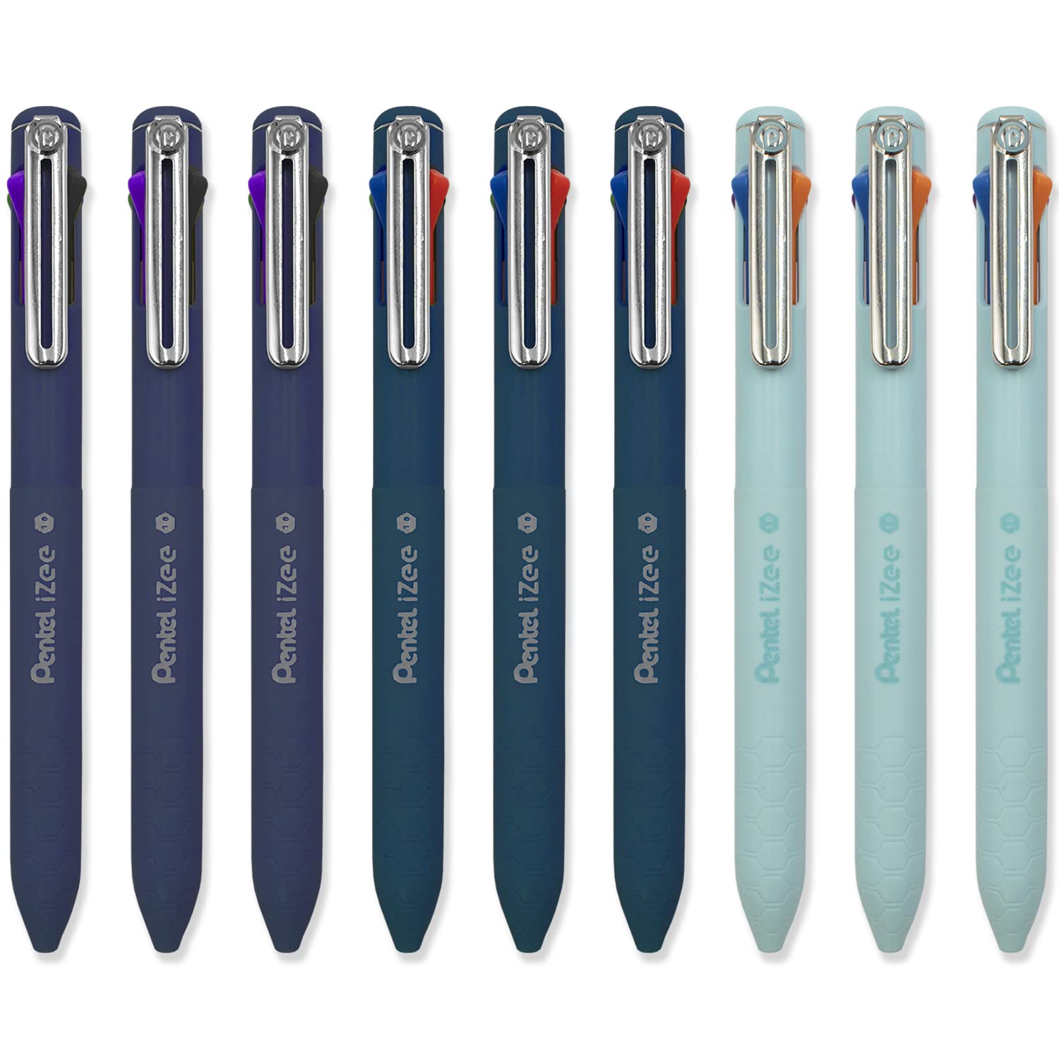 Pentel iZee 4 Colour Ballpoint Pen - Deep Blue, Deep Violet & Sky Blue Barrels - Multi Ink - Pack of 9