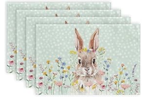 ARKENY Easter Placemats 12x18 Inches Set of 4, Bunny Rabbit Floral Spring Holiday Farmhouse Polka Dot Green Burlap Indoor Table Mats Decorations for Home AP558-4