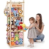 Stuffed Animal Storage & Organizer, Wooden Stuffed Animal Holder with Mesh Pocket for Small Toys, Space Saving Plushies Storage, Cute Zoo Toy Organizer for Playroom, Bedroom, Living Room