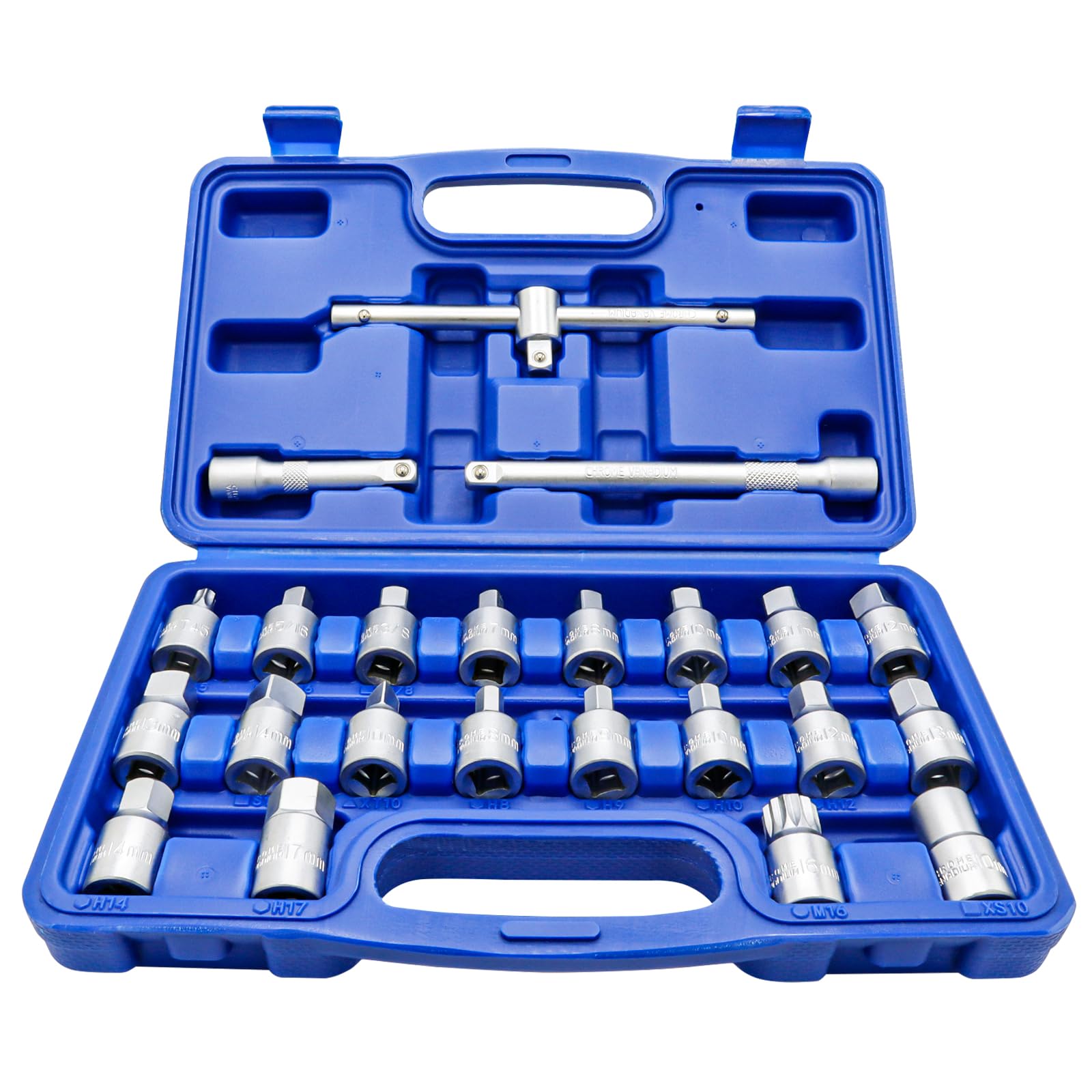 DAKCOS 23PC Oil Drain Plug Key Socket Set, 3/8”Drive Oil Sump Removal Tool with Extension Bar, Sump Plug Socket Set with Storage Box, CR-V