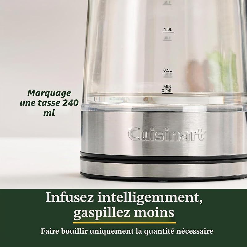 Bouilloire en verre 1,7 L à température variable. Ébullition rapide 3 kW, double paroi froide au toucher, sans BPA, Arrêt automatique, bec anti-goutte, base 360°
