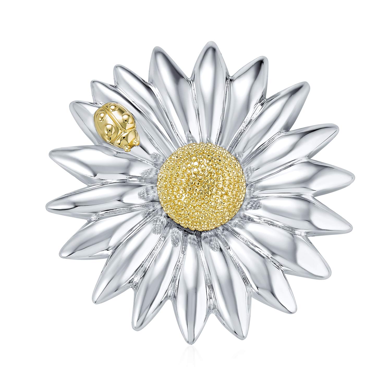 Two Tone Large Fashion Statement Garden Ladybug Sun Flower Daisy Scarf Pin Brooch For Women Silver Gold Plated