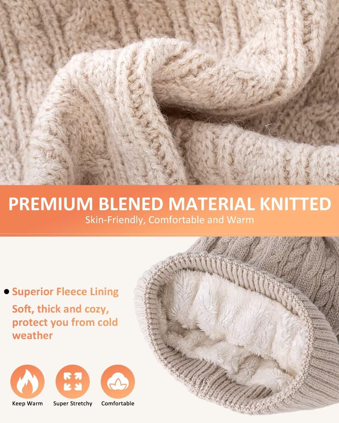 FISFET Winter Beanie Hat Scarf Gloves Set for Women, Pom Pom Beanie Fleece Lined Knit Neck Warmer Touchscreen Gloves 3 in 1 Gift Set