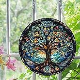 Tree of Life Stained Glass Window Hangings with Chain – Acrylic Tree Ornament for Garden, Patio and Indoor Decor, Housewarming Gift for Mom, Grandma and Nature Lovers